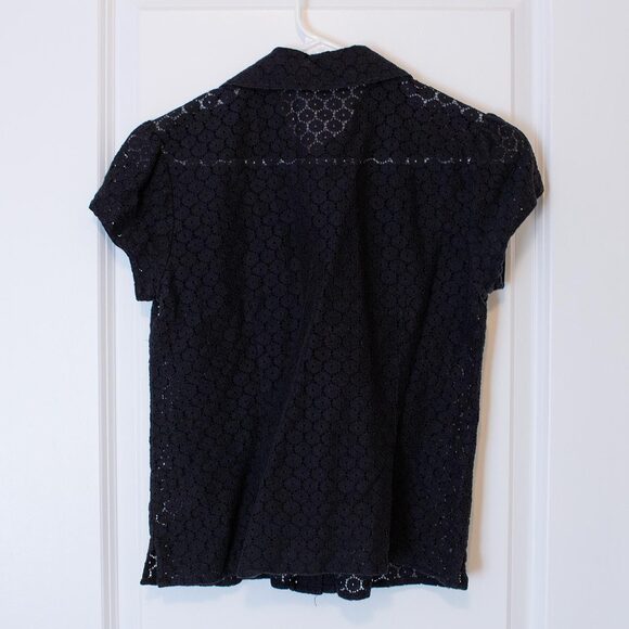 M Van Heusen Button Flower Diecut black sheer blouse short puff petal sleeve - Picture 2 of 6